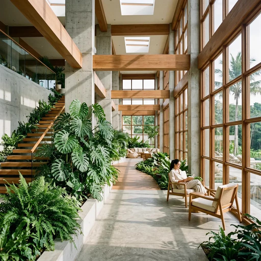 Concrete columns and timber beams with tropical morning light shadows